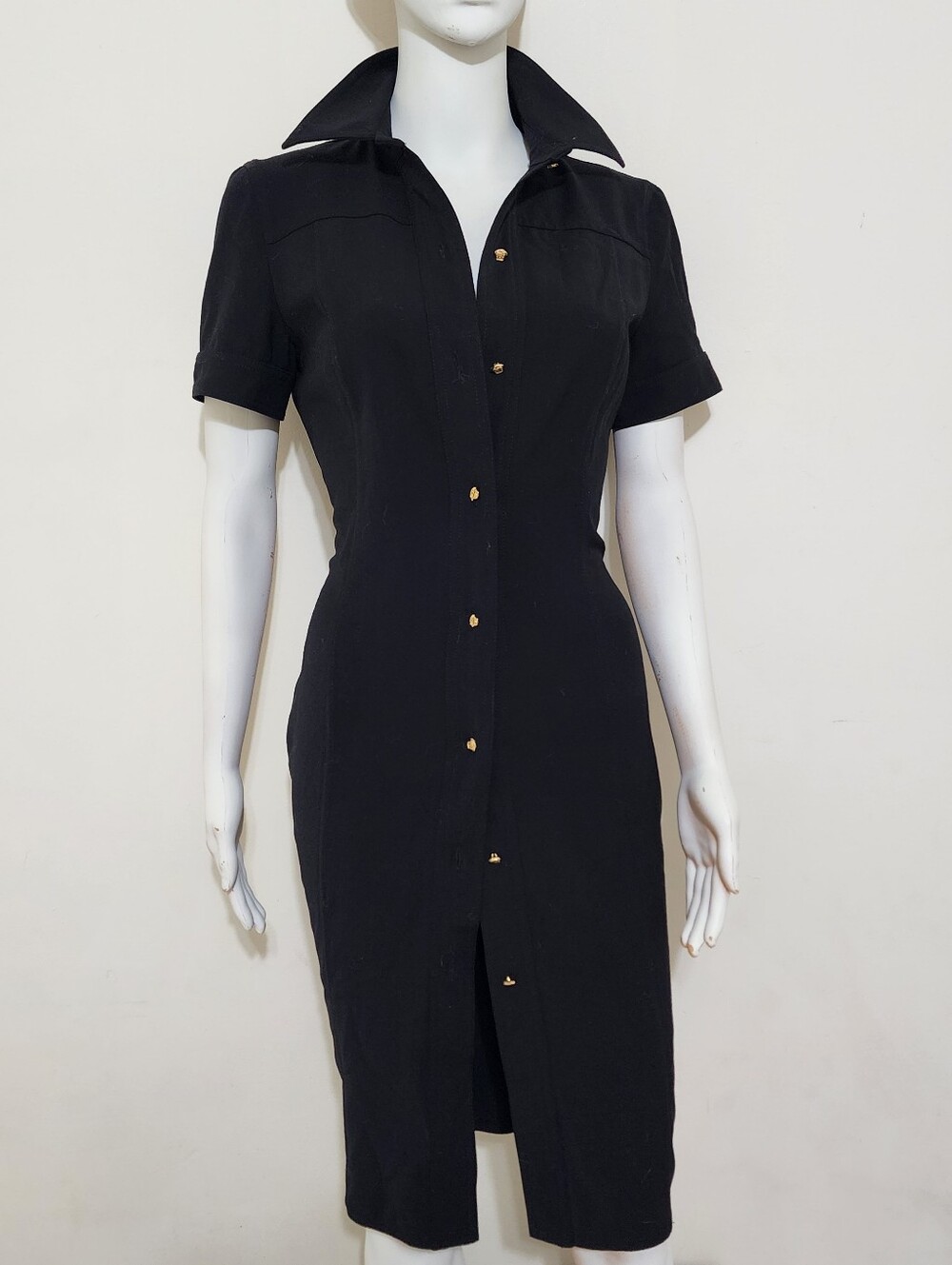 Spring 2000 Runway Gianni Versace Black Shirt Dress with Medusa Buttons